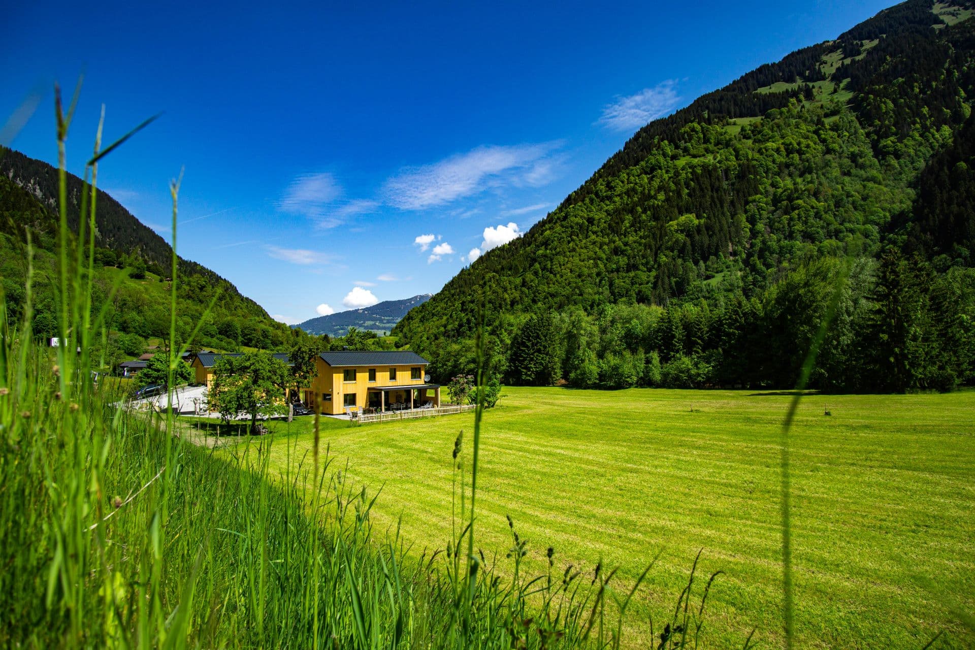 Ferienhaus Valtellina inmitten einer grünen Wiese im Montafon